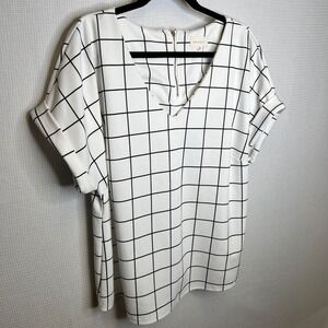 Melloday‎ Women's 1X White Black Grid Print V-Neck Cuffed Sleeve Top